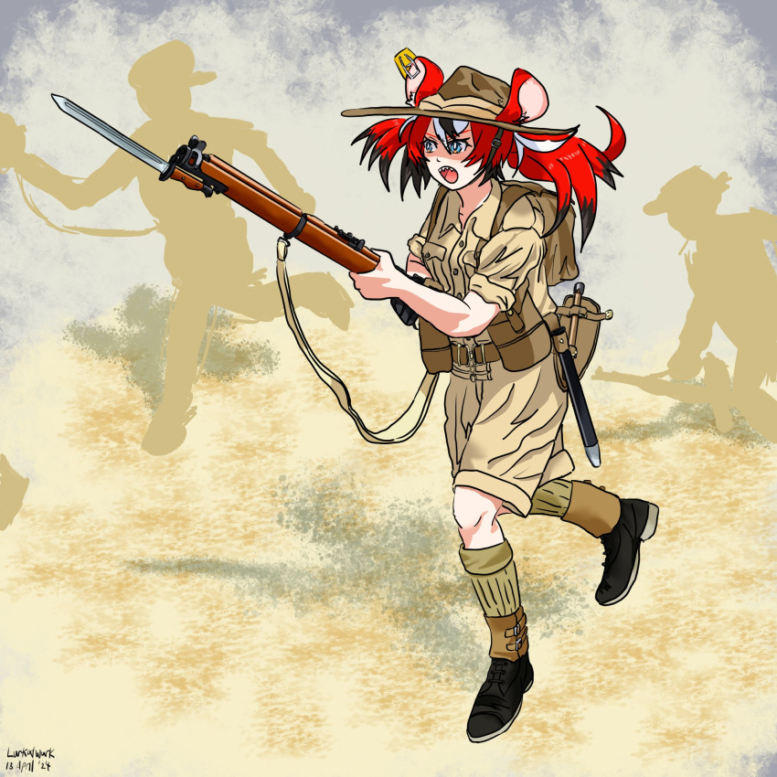 1girl animal_ears bayonet belt black_hair blue_eyes bolt_action boots brown_footwear dated dust_cloud english_commentary full_body gun hair_ornament hakos_baelz hat highres holding holding_gun holding_weapon hololive hololive_english lee-enfield long_hair long_sleeves lurkatwurk military military_uniform mouse_ears mouse_girl mousetrap multicolored_hair open_mouth pouch red_hair rifle running scabbard sharp_teeth sheath shirt shoes signature silhouette smle socks solo standing streaked_hair teeth twintails uniform virtual_youtuber weapon white_hair world_war_i