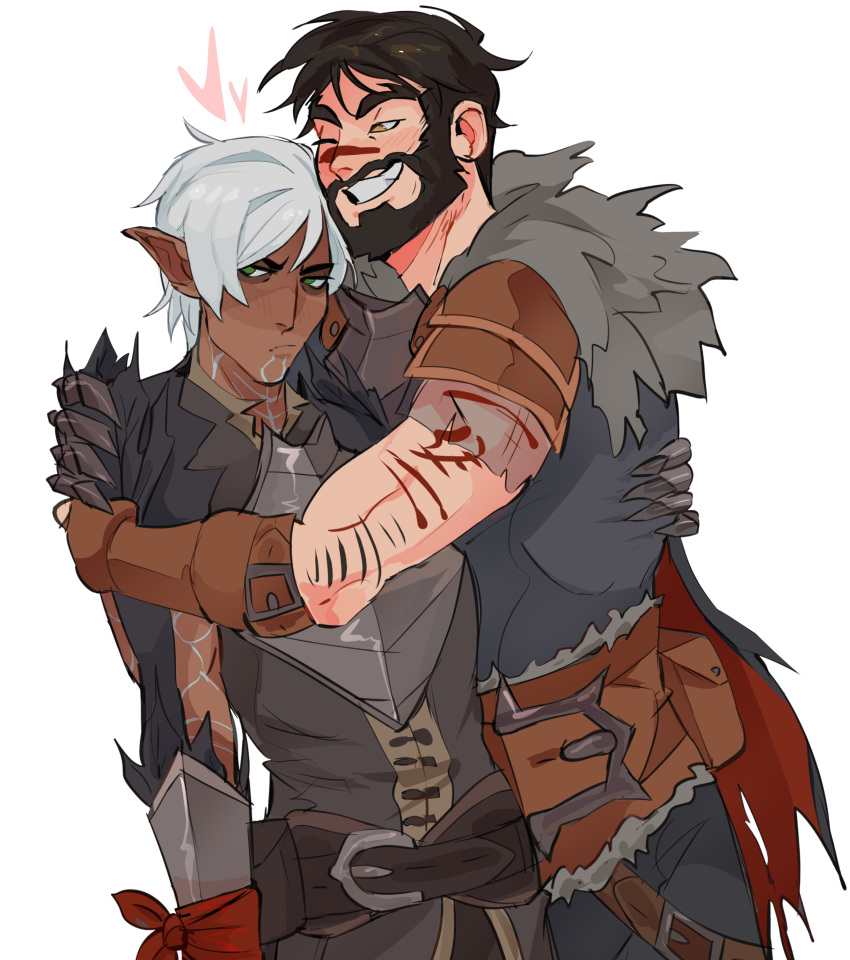 2boys absurdres arm_hair armor beard black_hair blush couple cowboy_shot dark-skinned_male dark_skin dragon_age dragon_age_2 elf facial_hair facial_mark fenris_(dragon_age_2) full_beard fur-trimmed_armor fur_trim garrett_hawke green_eyes heart highres hug looking_to_the_side lunehowls male_focus mature_male multiple_boys neck_tattoo one_eye_closed pointy_ears short_hair shoulder_tattoo simple_background tattoo white_background white_hair yaoi