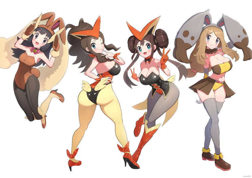 4girls absurdres animal_ears arm_behind_back arm_behind_head ass backless_outfit bare_shoulders black_eyes black_hair black_leotard black_pantyhose blue_eyes breasts brown_gloves brown_hair brown_leotard brown_skirt brown_tube_top cleavage collarbone cosplay cowboy_shot dawn_(pokemon) detached_collar diggersby diggersby_(cosplay) double_v doughnut_hair_bun fluffy_hair from_behind full_body gloves gonzarez grey_pantyhose grey_thighhighs hair_bun high_ponytail highres hilda_(pokemon) jumping large_breasts leotard long_hair looking_at_viewer lop_rabbit_ears lopunny lopunny_(cosplay) medium_breasts multiple_girls navel necktie one_eye_closed orange_gloves orange_leotard panties pantyhose playboy_bunny pokemon pokemon_bw pokemon_bw2 rabbit_ears rabbit_pose rabbit_tail rosa_(pokemon) serena_(pokemon) sidelocks simple_background skirt solo standing strapless tail thighhighs tube_top underwear v victini victini_(cosplay) white_background yellow_panties yellow_tube_top