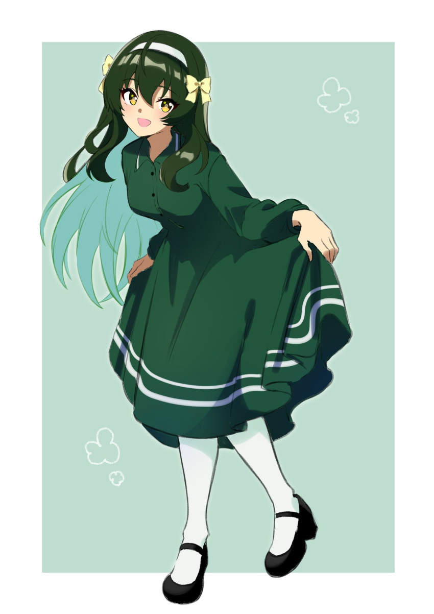 1girl :d alternate_costume black_footwear border bow chokotabetai00 commentary commission dress green_background green_dress green_eyes green_hair hair_between_eyes hair_bow hairband highres long_hair long_sleeves looking_at_viewer mary_janes satono's_trainer shoes simple_background smile solo trainer_(umamusume) umamusume white_border white_hairband yellow_bow