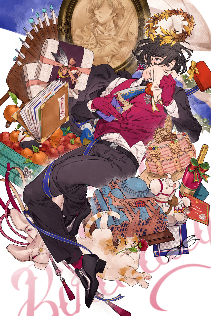 1boy absurdres apple belt black_belt black_jacket black_pants blueberry box brown_eyes cake cat constantine_xi_(fate) earrings fate/grand_order fate_(series) flower_in_mouth food fruit gift gift_box gloves green_ribbon hair_between_eyes happy_birthday highres holding holding_letter jacket jewelry kiwi_(fruit) kiwi_slice laurel_crown letter long_sleeves male_focus mouth_hold napkin orange_(fruit) pants photo_album pink_vest portrait_(object) red_gloves red_socks ribbon sash shirt shooou_0104 short_hair socks solo strawberry stuffed_horse vest white_shirt yellow_ribbon