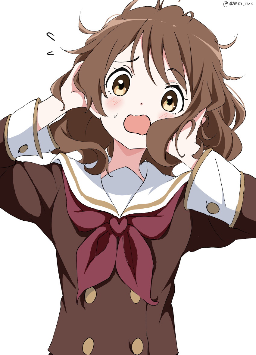 1girl absurdres adjusting_hair artist_name blush brown_eyes brown_hair brown_shirt flying_sweatdrops hands_up head_tilt hibike!_euphonium highres kitauji_high_school_uniform long_sleeves looking_at_viewer neckerchief open_mouth oumae_kumiko red_neckerchief sailor_collar school_uniform serafuku shirt short_hair simple_background solo white_background white_gorilla_(okamoto) white_sailor_collar