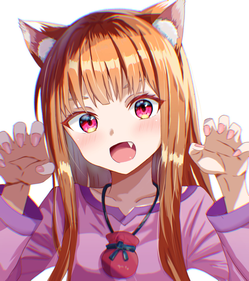 1girl :d absurdres animal_ear_fluff animal_ears blush breasts brown_hair ciruciru0810 claw_pose close-up collarbone commentary fang hair_over_shoulder hands_up head_tilt highres holo jewelry long_hair looking_at_viewer loose_hair_strand nail_polish necklace open_mouth pink_nails portrait pouch purple_shirt red_eyes shirt simple_background small_breasts smile solo spice_and_wolf upper_body white_background wolf_ears wolf_girl