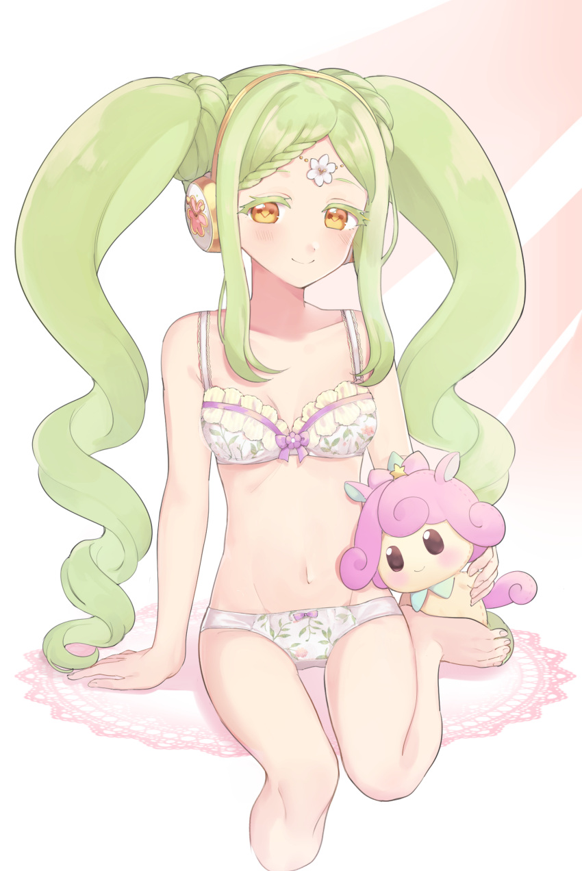 1girl arm_support bad_id bad_twitter_id bare_shoulders barefoot bow bow_bra bra braid braided_bangs breasts closed_mouth cropped_legs falala_a_larm floral_print foot_out_of_frame frilled_bra frills green_hair head_chain headphones highres idol_time_pripara jewelry leg_up long_hair looking_at_viewer navel panties pretty_series print_bra print_panties pripara punicorn shiyurinpu sitting small_breasts smile solo stuffed_unicorn symbol-shaped_pupils twintails underwear underwear_only very_long_hair white_bra white_panties yellow_eyes