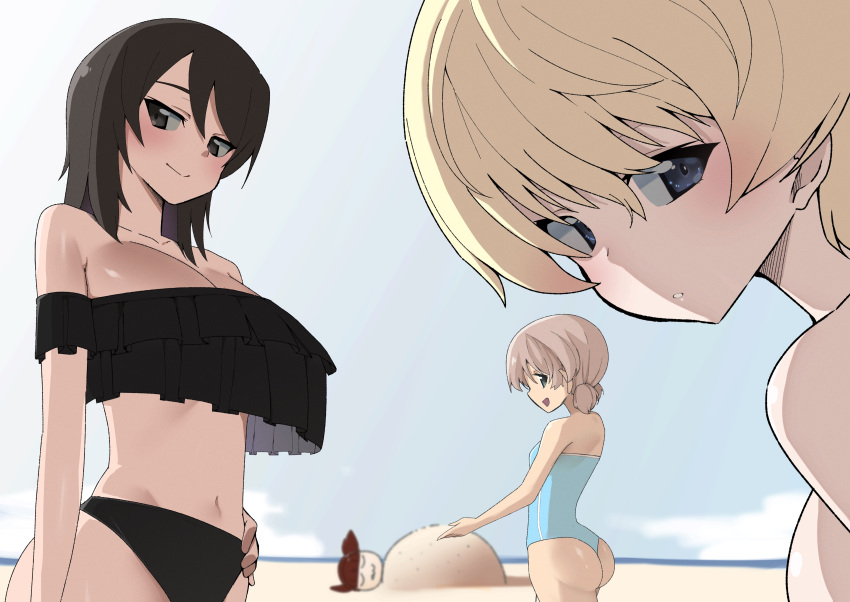 3girls 4girls absurdres aki_(girls_und_panzer) ass beach bikini black_bikini blonde_hair blue_eyes blue_one-piece_swimsuit blue_sky blurry blurry_background breasts brown_eyes brown_hair closed_mouth commentary day depth_of_field frilled_bikini frills girls_und_panzer green_eyes hand_on_own_hip highres horizon large_breasts light_brown_hair long_hair looking_at_viewer looking_back low_twintails mika_(girls_und_panzer) mikko_(girls_und_panzer) mochi_(mochiokomet) multiple_girls navel no_headwear off-shoulder_bikini off_shoulder one-piece_swimsuit one-piece_thong open_mouth outdoors parted_lips short_hair short_twintails sky smile standing strapless strapless_one-piece_swimsuit swimsuit twintails