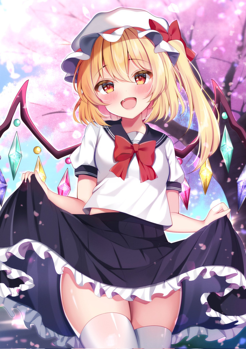 1girl :d alternate_costume black_sailor_collar black_skirt blonde_hair blush bow cherry_blossoms colored_eyelashes commentary_request corrupted_twitter_file cowboy_shot crystal day falling_petals fang flandre_scarlet frilled_skirt frills hair_between_eyes happy hat hat_bow highres long_hair looking_at_viewer mob_cap open_mouth outdoors petals pleated_skirt puffy_short_sleeves puffy_sleeves red_bow red_eyes sailor_collar school_uniform serafuku shiny_skin shirotsuki_shirone shirt short_sleeves side_ponytail skin_fang skirt skirt_hold smile solo spring_(season) thighhighs thighs touhou tree tsurime white_hat white_shirt white_thighhighs wings zettai_ryouiki