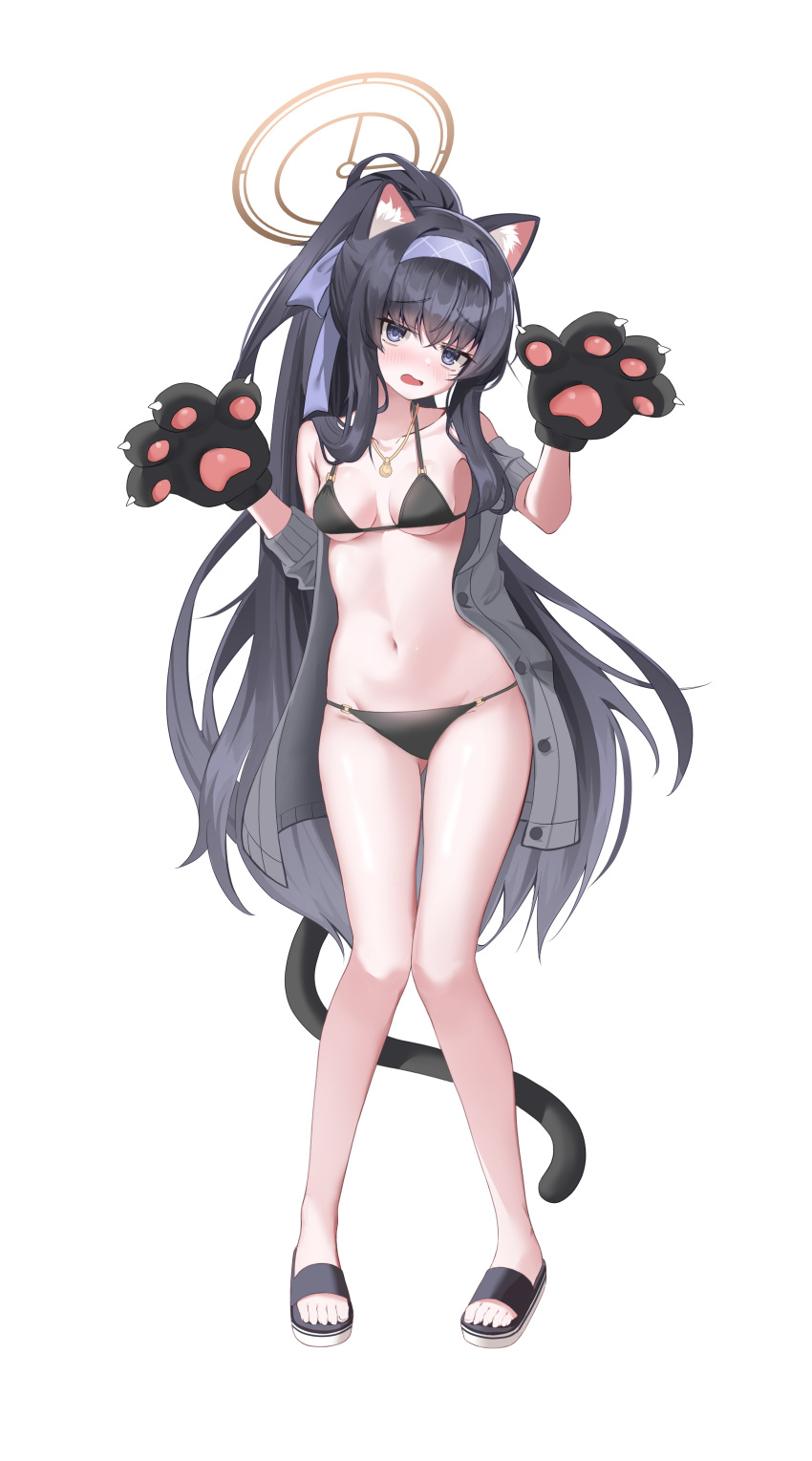 1girl absurdres animal_ears animal_hands ass_visible_through_thighs bare_legs bikini black_bikini black_hair blue_archive blue_eyes blue_hairband blush breasts cardigan cat_ears cat_tail commentary crossed_bangs embarrassed fake_animal_ears fake_tail feet full_body furrowed_brow gloves grey_cardigan hair_between_eyes hairband halo hands_up highres j.j_(66752902) jewelry knees_together_feet_apart long_hair looking_at_viewer medium_breasts navel necklace o-ring o-ring_bikini o-ring_bottom o-ring_top off_shoulder official_alternate_costume open_cardigan open_clothes open_mouth paw_gloves ponytail sandals simple_background sitting solo standing string_bikini swimsuit tail toes ui_(blue_archive) ui_(swimsuit)_(blue_archive) very_long_hair wavy_mouth white_background yellow_halo