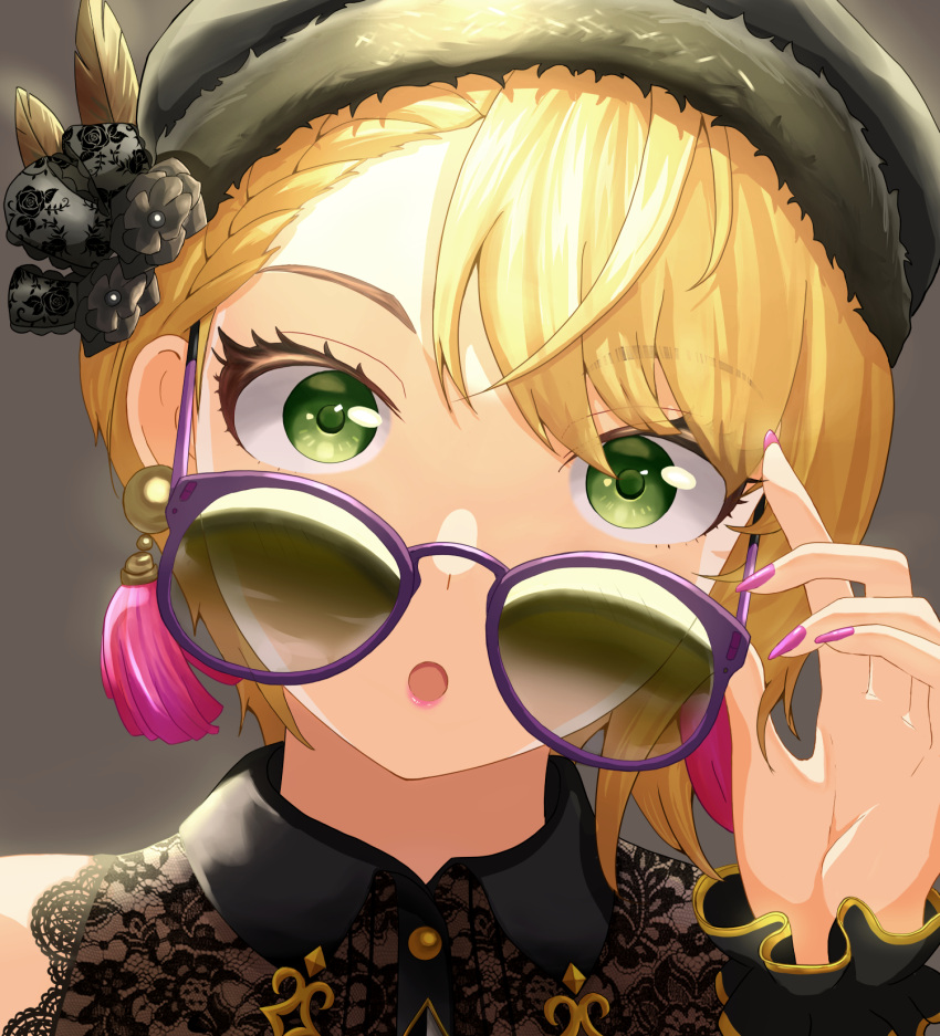 1girl beret black_hat black_scrunchie black_shirt blonde_hair braid brown_feathers collared_shirt commentary earrings feathers fingernails fur-trimmed_headwear fur_trim gold_trim green-tinted_eyewear green_eyes grey_background hand_up hat highres holding holding_removed_eyewear idolmaster idolmaster_cinderella_girls jewelry lace_shirt lips lipstick looking_at_viewer makeup miyamoto_frederica nail_polish open_mouth pink_lips pink_nails pink_tassel portrait purple-framed_eyewear scrunchie shirt short_hair side_braid solo tagi_(dltjdgh2010) tassel tassel_earrings tinted_eyewear unworn_eyewear wrist_scrunchie