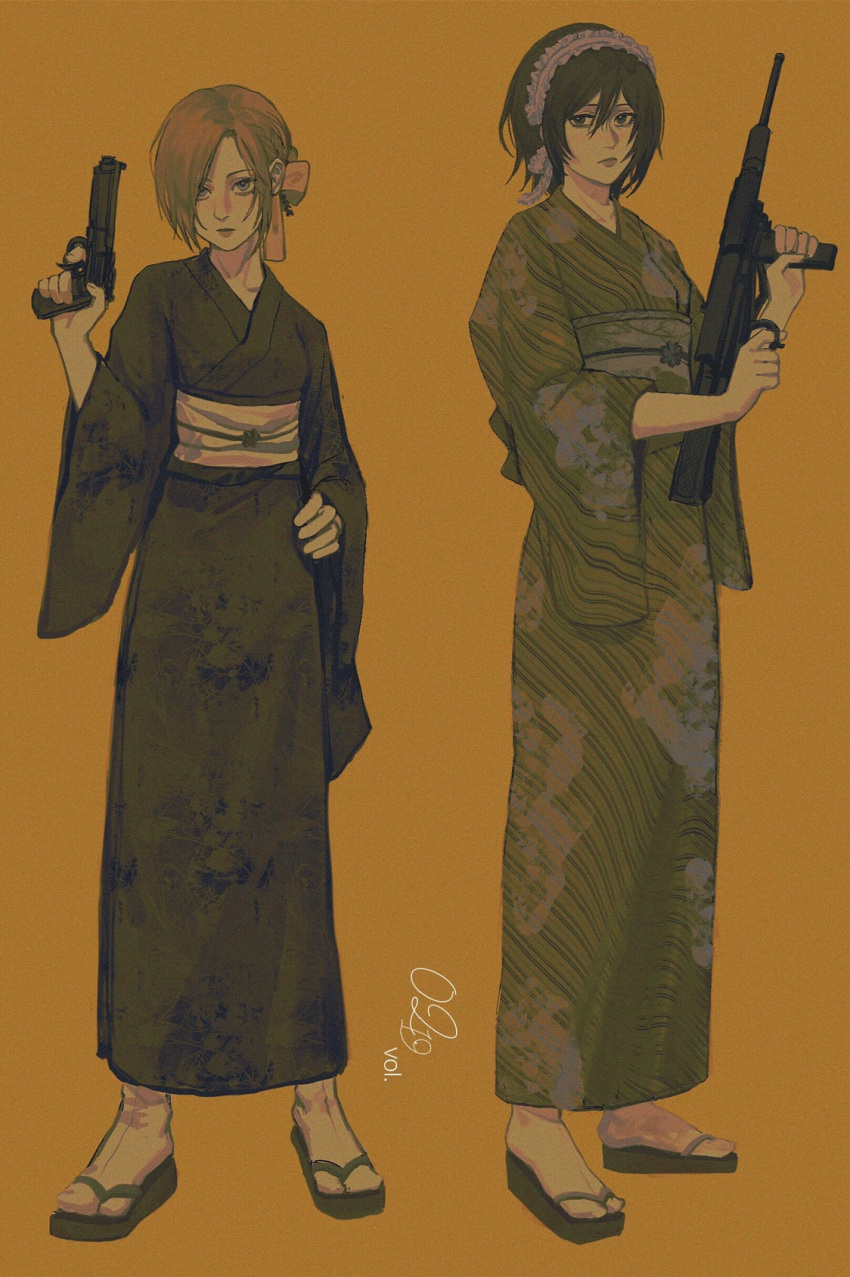 2girls alternate_costume annie_leonhart black_eyes black_footwear black_hair black_kimono blonde_hair blue_eyes bow expressionless film_grain frilled_hairband frills full_body green_kimono gun hair_between_eyes hair_bow hairband hand_on_own_hip hand_up highres holding holding_gun holding_weapon japanese_clothes kimono looking_at_viewer mikasa_ackerman multiple_girls obi obijime ramiica sandals sash shingeki_no_kyojin short_hair simple_background striped_clothes striped_kimono weapon white_hairband wide_sleeves yellow_background