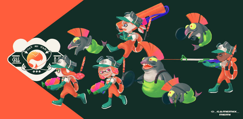 2boys 2girls boots bulging_eyes dark-skinned_male dark_skin dynamo_roller_(splatoon) from_side frying_pan full_body gloves green_eyes green_footwear green_gloves green_hat highres holding holding_frying_pan inkling inkling_boy inkling_girl inkling_player_character lifebuoy long_hair memi_(gamemix) mohawk multiple_boys multiple_girls orange_hair orange_overalls overalls pink_eyes rubber_boots rubber_gloves running salmon_run_(splatoon) salmonid shirt short_hair splatoon_(series) splatoon_2 swim_ring tentacle_hair weapon_request white_shirt