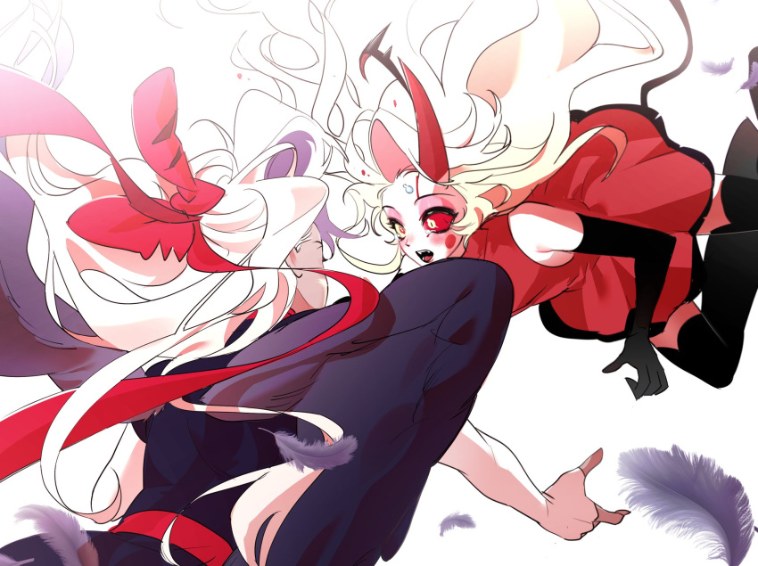 2girls a0415koso angel black_bodysuit blonde_hair bodysuit charlie_morningstar demon_girl dress elbow_gloves fingerless_gloves floating_hair gloves hair_ribbon hazbin_hotel highres looking_at_another multiple_girls red_dress ribbon vaggie