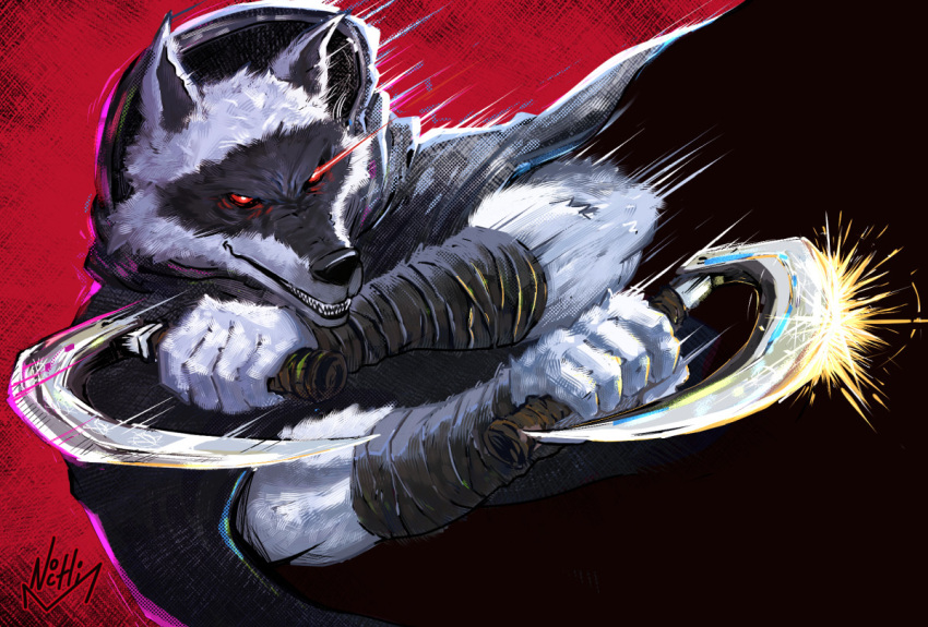 1boy animal_ears black_cloak cloak death death_(puss_in_boots) dual_wielding fangs glowing holding holding_sickle holding_weapon hood hooded_cloak looking_at_viewer noctlim puss_in_boots:_the_last_wish red_eyes sharp_teeth sickle smile solo teeth twin_blades weapon wolf