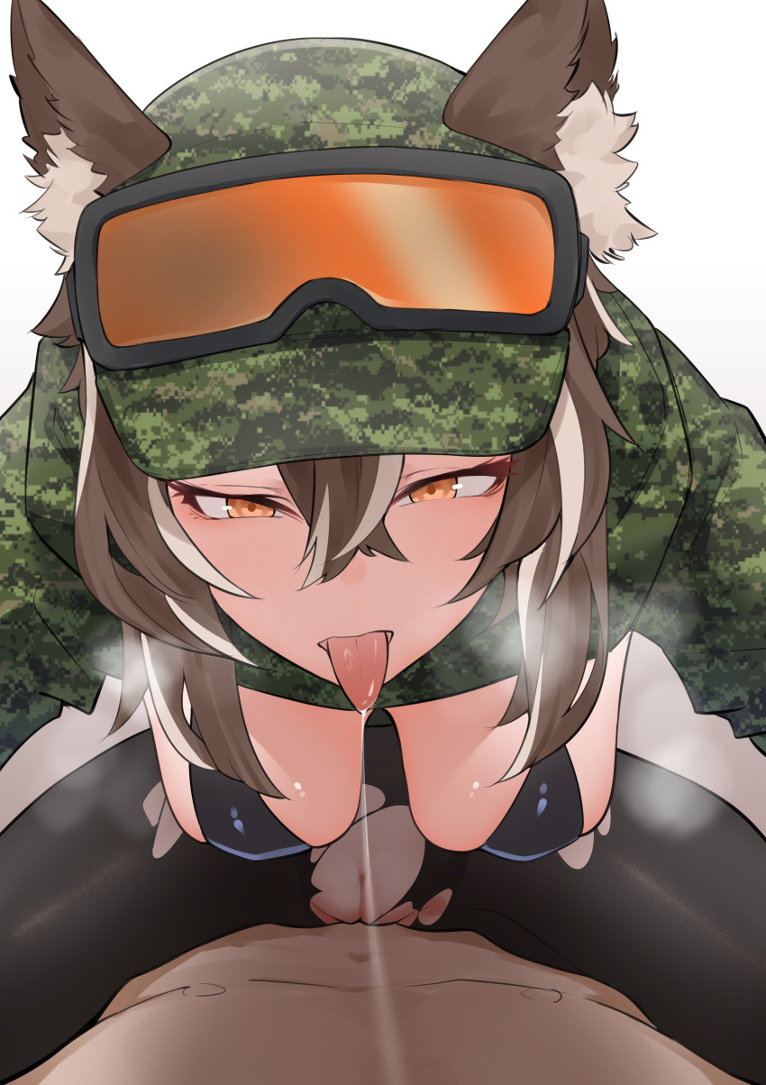 1boy 1girl absurdres animal_ears bikini black_bikini blush breasts brown_hair callisto_(greyeth) camouflage camouflage_headwear camouflage_jacket censored commission cow_girl cowgirl_position cropped_jacket gloves highres jacket kiss large_breasts long_bangs looking_at_viewer open_mouth orange_eyes original pantyhose penis pov pussy ringobatake saliva saliva_trail second-party_source steaming_body straddling swimsuit torn_clothes torn_pantyhose variant_set wolf_ears