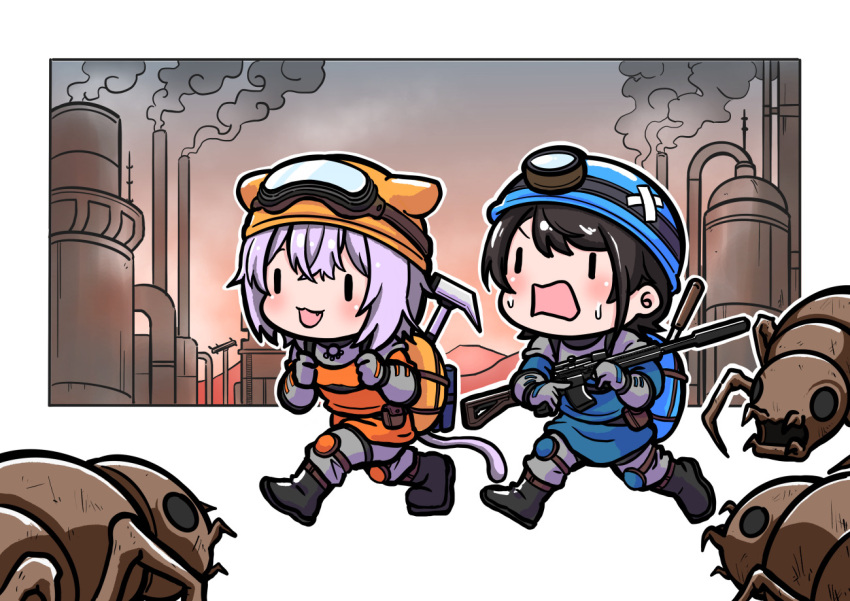 2girls backpack bag brown_hair bug cat_girl cat_tail chibi commission egokorokid factorio factory goggles goggles_on_headwear gun helmet hololive multiple_girls nekomata_okayu oozora_subaru open_mouth purple_hair rifle short_hair skeb_commission smoke sweatdrop tail virtual_youtuber weapon