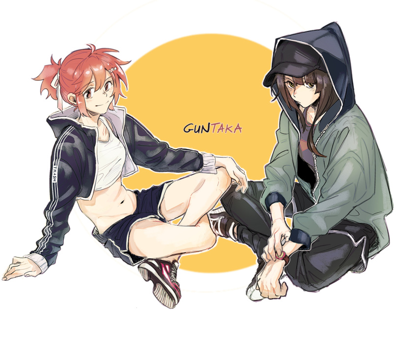 2girls black_footwear black_jacket black_pants black_shorts brown_hair commentary_request cropped_jacket cropped_shirt crossed_legs full_body green_jacket hood hood_up hooded_jacket jacket koori_chikage koyomania long_sleeves multiple_girls nogi_wakaba_wa_yuusha_de_aru open_clothes open_jacket orange_hair pants shirt short_ponytail shorts sitting takashima_yuuna two-tone_background watch white_background white_shirt wristwatch yellow_background yellow_eyes yuusha_de_aru