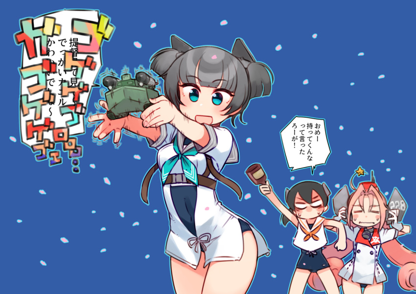 3girls ahoge aqua_neckerchief black_hair black_one-piece_swimsuit blue_background blue_eyes blue_one-piece_swimsuit blush bottle closed_eyes coat commentary_request drum_(kancolle) grey_hair grey_sailor_collar headgear i-36_(kancolle) i-41_(kancolle) kantai_collection kusanagi_tonbo long_hair looking_at_viewer military_vehicle motor_vehicle multiple_girls neckerchief one-piece_swimsuit open_mouth pink_hair sailor_collar sailor_shirt school_swimsuit shirt simple_background sleeveless sleeveless_shirt sweat swimsuit swimsuit_under_clothes tank translation_request twintails white_coat