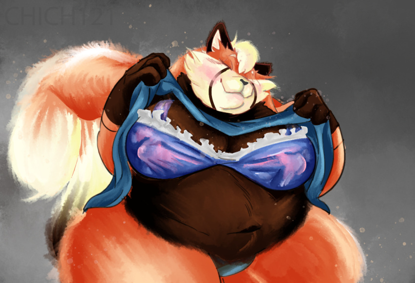 ailurid anthro belly blush breasts female female/female fluffy fluffy_tail giant_panda mammal overweight red_panda ruby_panda ruby_panda(artist) solo ursid