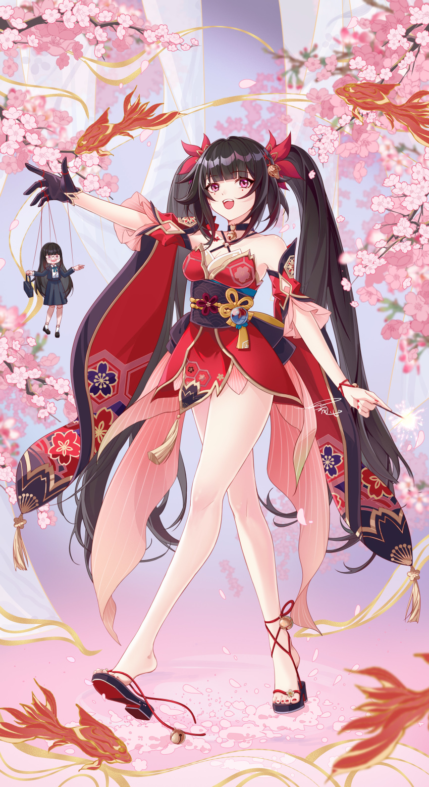 1girl :d absurdres bare_legs bare_shoulders black_choker black_footwear black_gloves black_hair black_sash blunt_bangs cherry_blossoms choker commentary_request detached_sleeves dress fish full_body gloves highres honkai:_star_rail honkai_(series) long_hair looking_at_viewer nail_polish nanqi obi open_mouth pink_eyes puppet puppet_strings red_dress red_nails sash shoes short_sleeves single_glove smile solo sparkle_(honkai:_star_rail) standing toenail_polish toenails twintails very_long_hair