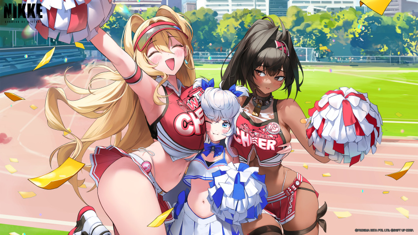 3girls absurdres bay_(nikke) between_breasts black_hair blonde_hair blue_eyes blush breast_press breast_smother breasts brown_eyes cheerleader clay_(nikke) closed_eyes closed_mouth crop_top day face_between_breasts face_to_breasts goddess_of_victory:_nikke hair_intakes head_between_breasts height_difference highres large_breasts long_hair looking_at_another multiple_girls navel one_eye_closed open_mouth outdoors pleated_skirt poli_(cheer_up_police)_(nikke) poli_(nikke) pom_pom_(clothes) red_skirt sandwiched short_twintails skirt standing twintails visor_cap white_hair white_skirt yuri