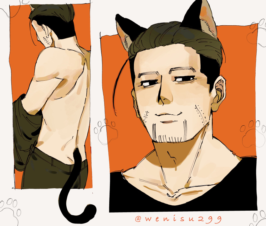 1boy absurdres animal_ears black_eyes black_hair cat_ears cat_tail collarbone facial_hair facing_ahead goatee golden_kamuy hair_slicked_back highres kemonomimi_mode looking_at_viewer male_focus median_furrow multiple_views ogata_hyakunosuke paw_print tail topless_male twitter_username undercut undressing wedamame