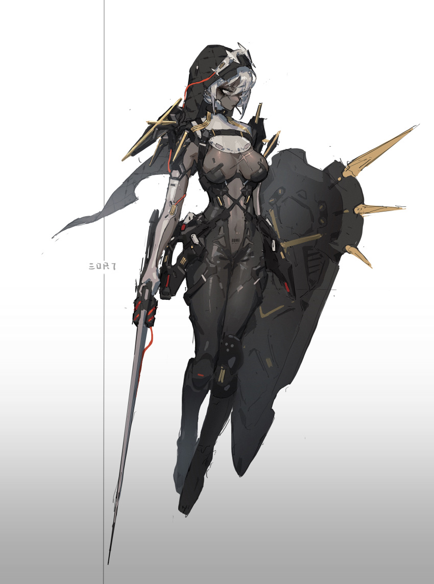 1girl absurdres black_bodysuit black_footwear bodysuit breasts cable chest_belt cleavage clothing_cutout dark-skinned_female dark_skin eor79 gloves highres holding holding_sword holding_weapon nun original shield skin_tight solo sword veil weapon