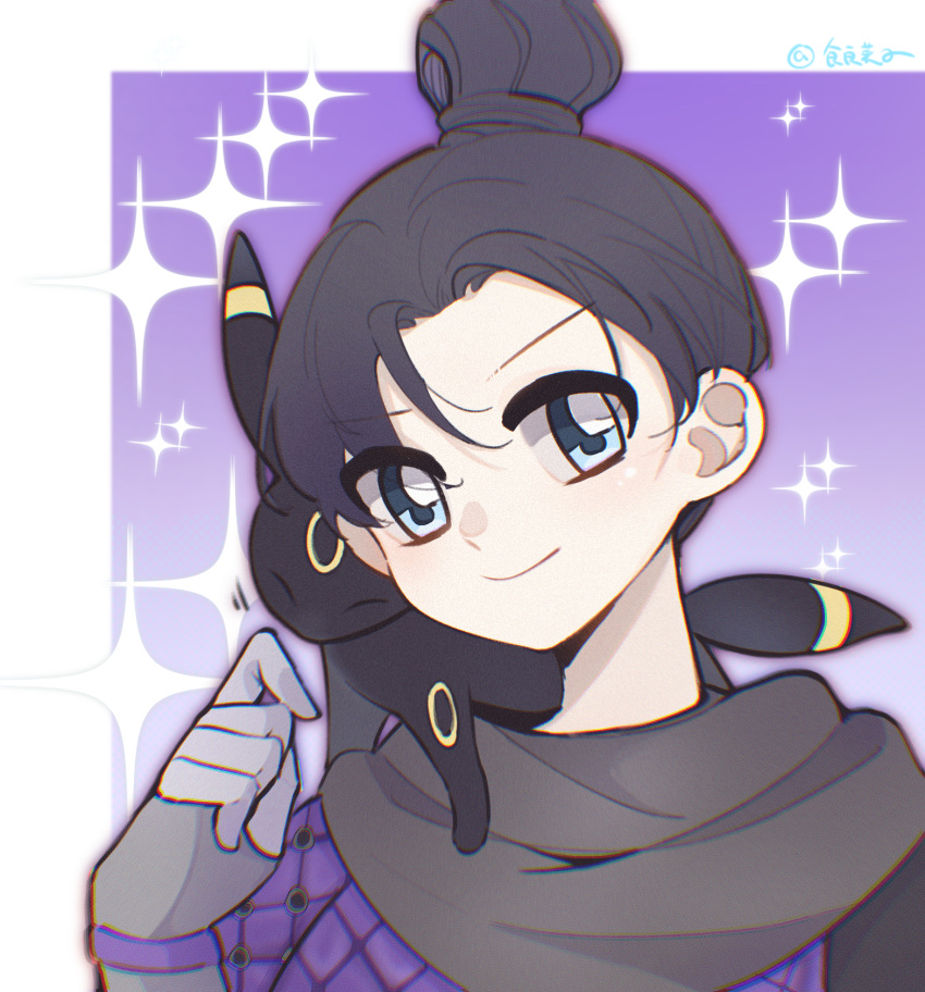 1girl animification apex_legends artist_name black_hair blue_eyes chinese_commentary crossover gloves grey_gloves hair_behind_ear hair_bun highres looking_at_viewer pokemon pokemon_(creature) portrait shengdiyu single_hair_bun smile solo_focus sparkle umbreon v-shaped_eyebrows wraith_(apex_legends)