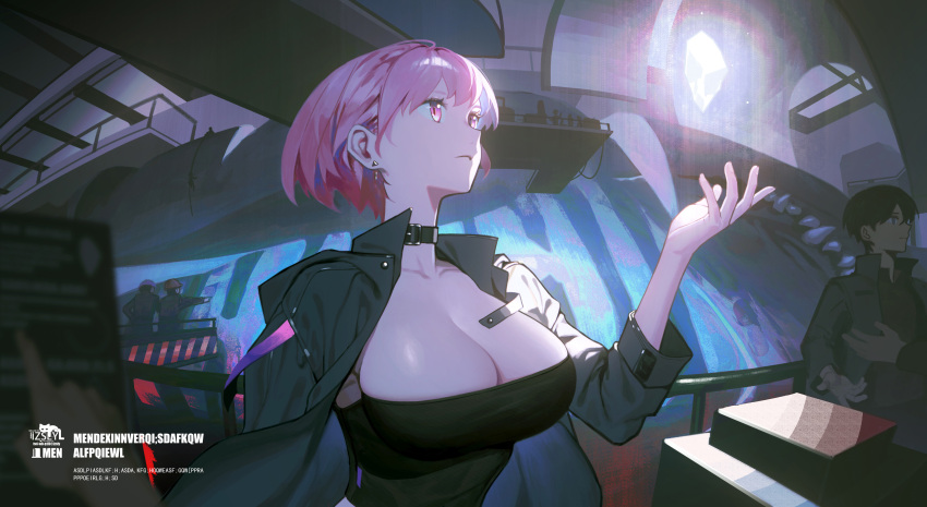 1girl absurdres black_choker black_tube_top breasts choker cleavage closed_mouth coat commentary_request earrings hair_behind_ear highres izsly jewelry large_breasts looking_to_the_side original perspective pink_eyes pink_hair pointing railing short_hair solo_focus strapless tube_top