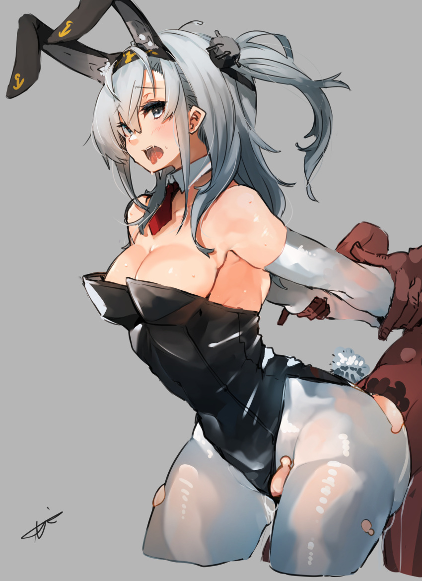 1boy 1girl animal_ears blue_eyes breasts cleavage cowboy_shot elbow_gloves gloves grabbing_another's_arm grey_background grey_hair hachimaki headband hetero highres kantai_collection large_breasts necktie nipples off_shoulder open_mouth pantyhose playboy_bunny pussy_juice rabbit_ears red_necktie saliva saliva_trail sex side_ponytail simple_background standing standing_sex sunday_aki suzutsuki_(kancolle) torn_clothes torn_pantyhose vaginal white_gloves white_pantyhose