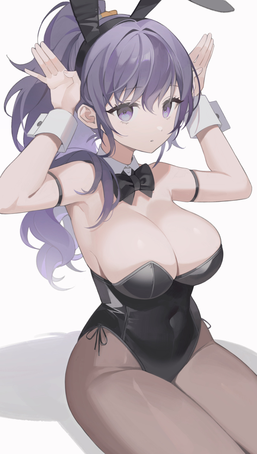 1girl absurdres animal_ears arm_strap armpits asahina_mafuyu bare_shoulders black_bow black_bowtie black_hairband black_leotard bow bowtie breasts brown_pantyhose cleavage collar covered_navel cowboy_shot curly_hair detached_collar expressionless eyelashes fake_animal_ears hair_between_eyes hairband hands_up high_ponytail highres large_breasts legs_together leotard long_hair looking_at_viewer lvemhrd pantyhose parted_lips playboy_bunny ponytail project_sekai purple_eyes purple_hair rabbit_ears rabbit_pose shadow sitting skindentation solo white_background white_collar white_wrist_cuffs wrist_cuffs