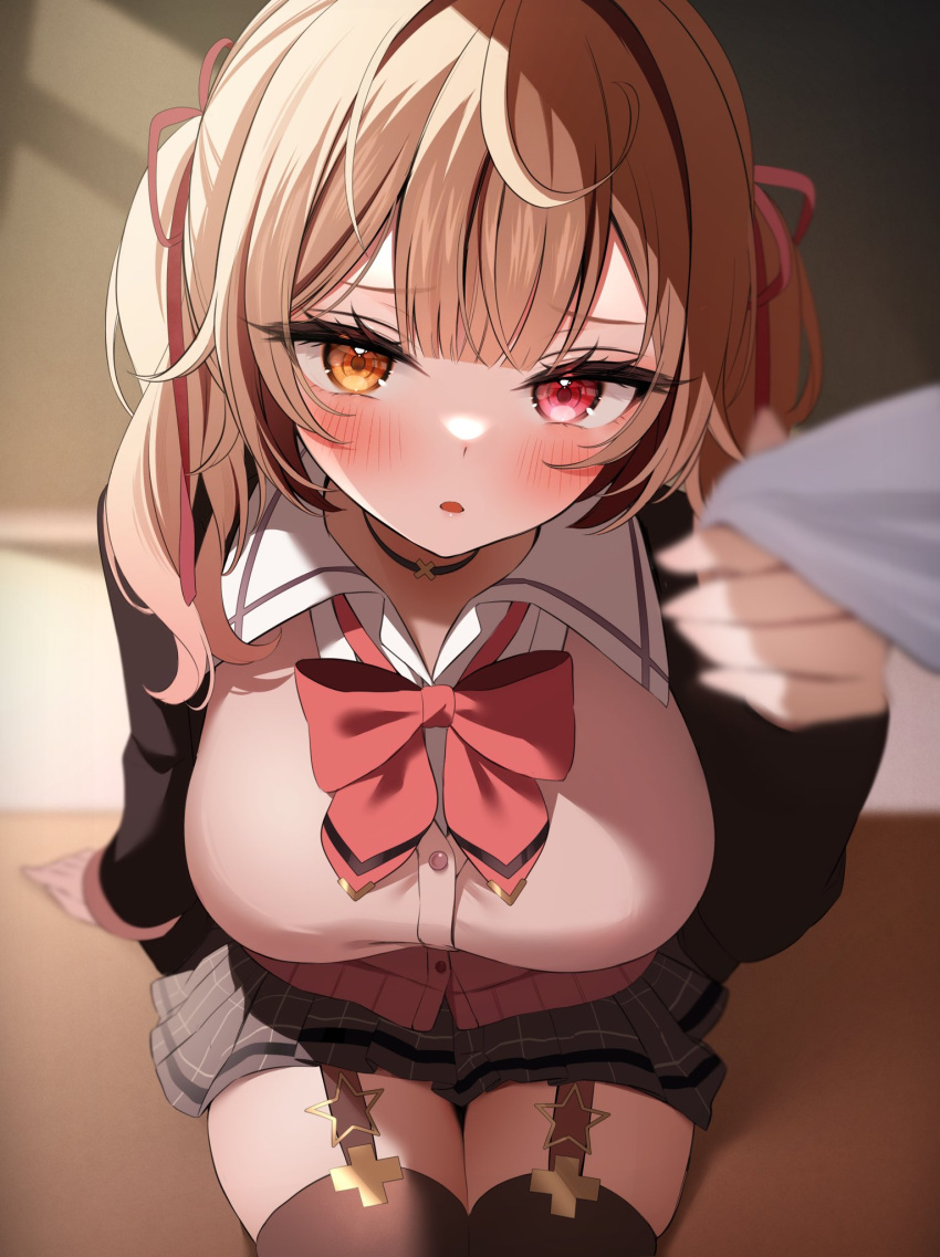 1girl black_choker black_jacket black_skirt blonde_hair blunt_bangs blurry blush bow bowtie breasts brown_cardigan buttons cardigan choker clothes_pull collared_shirt commentary_request depth_of_field double-breasted double-parted_bangs from_above hair_between_eyes hair_ribbon heterochromia highres hoshikawa_sara hoshikawa_sara_(4th_costume) jacket large_breasts looking_at_viewer namagome_negi nijisanji official_alternate_costume official_alternate_hairstyle open_mouth plaid plaid_skirt pleated_skirt pulling_another's_clothes red_bow red_bowtie red_eyes red_ribbon revision ribbon shirt shirt_pull sitting skirt solo twintails upper_body virtual_youtuber white_shirt yellow_eyes