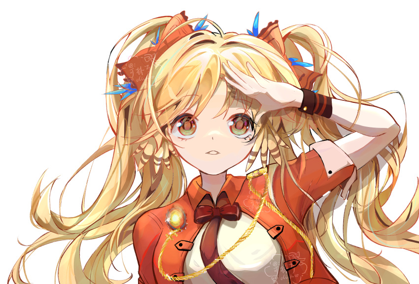 1girl absurdres arknights arm_up blonde_hair bow bowtie commentary_request hair_bow highres jacket kelinke_click long_hair official_alternate_costume orange_bow orange_jacket pinecone_(arknights) pinecone_(sing_a_song)_(arknights) shirt simple_background solo twintails upper_body very_long_hair white_background white_shirt wrist_cuffs