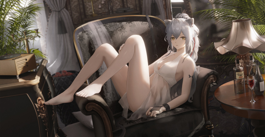 1girl absurdres alternate_costume animal_ears arknights armchair bare_legs barefoot black_gloves bottle breasts candlestand cat_ears cat_girl chair cleavage cup dress drinking_glass fingerless_gloves full_body gloves grey_hair hair_between_eyes highres indoors lamp lampshade ling_dianxia looking_at_viewer parted_lips phonograph plant ponytail potted_plant schwarz_(arknights) sitting small_breasts solo table thighs white_dress wine_glass yellow_eyes