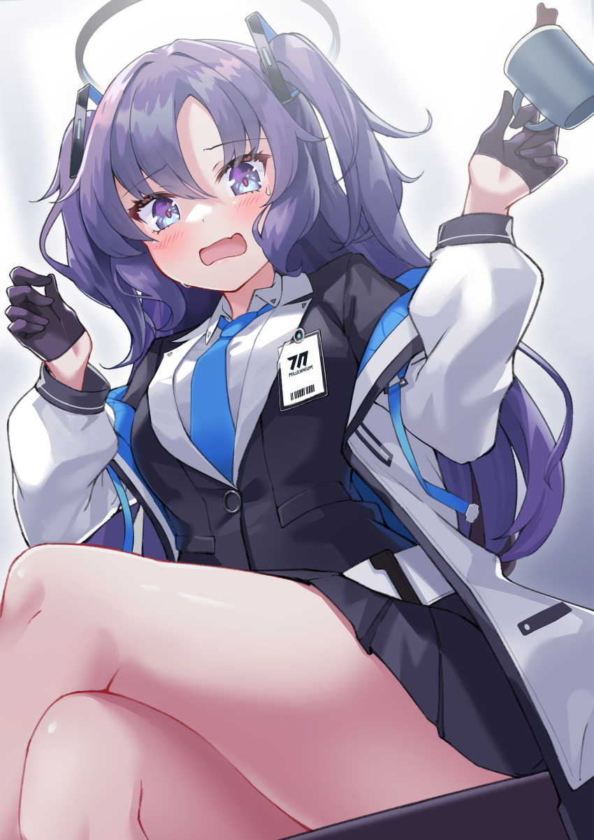 1girl absurdres black_gloves black_halo black_jacket black_skirt blue_archive blue_necktie blush breasts coffee coffee_cup collared_shirt crossed_legs cup disposable_cup gloves halo highres holding holding_cup jacket looking_at_viewer medium_breasts necktie open_mouth purple_eyes purple_hair shinori_(efvbji6264) shirt skirt triangle_hair_ornament twintails white_jacket white_shirt yuuka_(blue_archive)
