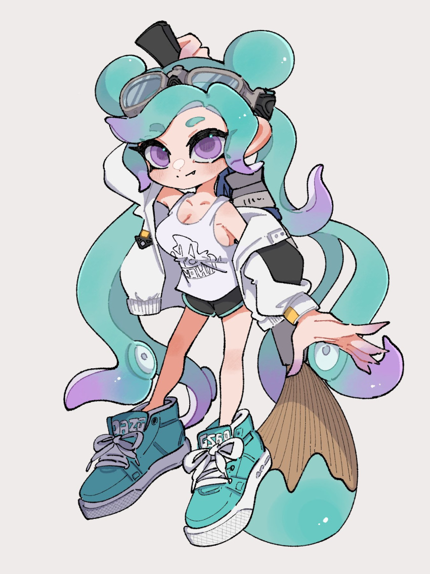 1girl aqua_footwear aqua_hair aqua_trim black_shorts breasts cleavage closed_mouth colored_tips commentary_request cross-laced_footwear dolphin_shorts fang fang_out full_body goggles goggles_on_head hazime_no1 highres holding holding_weapon inkbrush_(splatoon) long_hair looking_at_viewer medium_breasts multicolored_hair octoling octoling_girl octoling_player_character print_shirt purple_eyes purple_hair shirt shoes shorts simple_background sleeveless sleeveless_shirt smile solo splatoon_(series) splatoon_3 standing tentacle_hair twintails two-tone_hair very_long_hair weapon white_background white_shirt