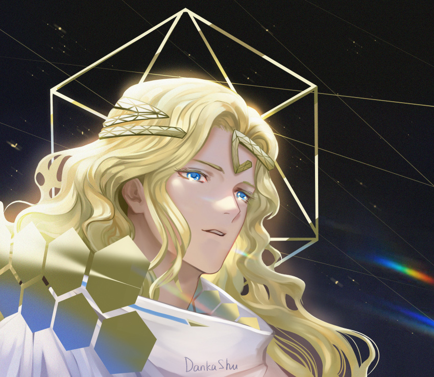 1boy 6_(reverse:1999) absurdres ancient_greek_clothes artist_name black_background blonde_hair blue_eyes circlet curly_hair dankashu greco-roman_clothes hexagon highres light_particles long_hair male_focus parted_lips portrait reverse:1999 signature