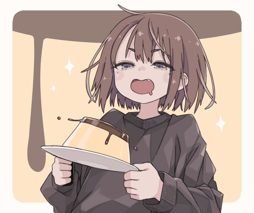 1girl brown_eyes brown_hair drooling fang food highres holding holding_plate icon_315 long_sleeves mouth_drool open_mouth original plate pudding short_hair smile solo sweater