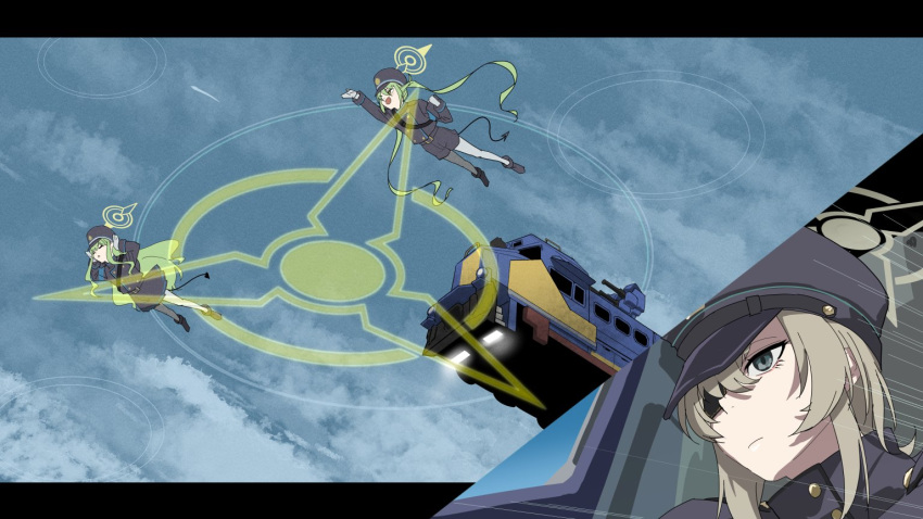 3girls blue_archive blue_background exocet gattai hikari_(blue_archive) mecha multiple_girls nozomi_(blue_archive) parody robot sky suou_(blue_archive) train yuusha_series yuusha_tokkyuu_might_gaine