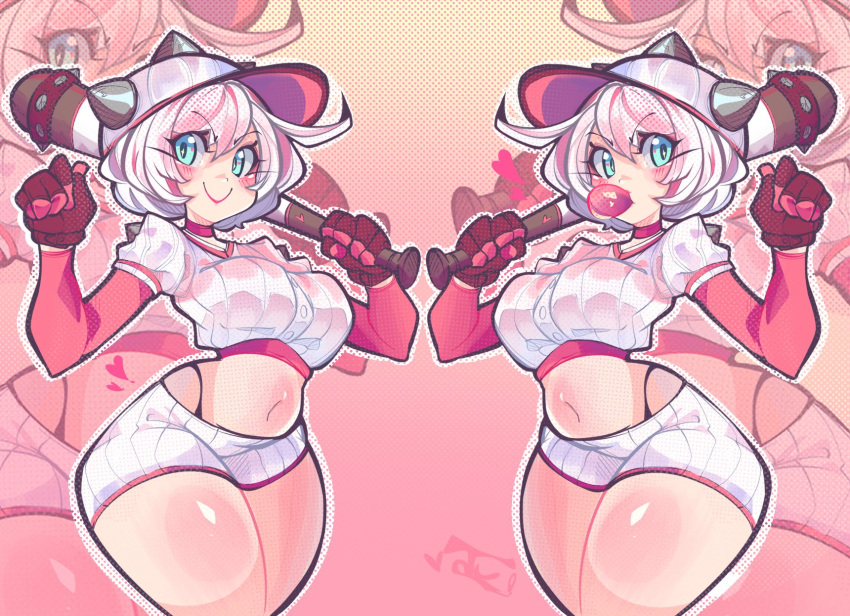 1girl aqua_eyes baseball_bat baseball_cap black_panties breasts chewing_gum crop_top elphelt_valentine english_commentary fingerless_gloves gloves guilty_gear guilty_gear_strive hat highleg highleg_panties highres holding holding_baseball_bat large_breasts midriff multiple_views navel panties polka_dot polka_dot_background poopiepluto red_lips shirt short_sleeves shorts smile spiked_hat symmetry underwear white_hair white_hat white_shirt white_shorts zoom_layer