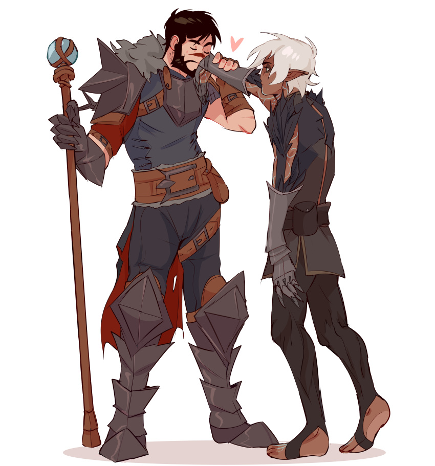 2boys absurdres armor beard black_hair blush closed_eyes couple dark-skinned_male dark_skin dragon_age dragon_age_2 elf facial_hair facial_mark fenris_(dragon_age_2) full_beard full_body fur-trimmed_armor fur_trim garrett_hawke green_eyes heart highres holding holding_staff kiss kissing_hand lunehowls male_focus mature_male multiple_boys neck_tattoo pointy_ears short_hair shoulder_tattoo simple_background staff tattoo white_background white_hair yaoi