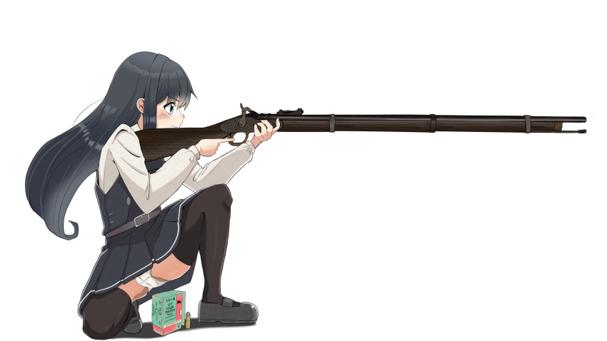 1girl absurdres ammunition_box asashio_(kancolle) asashio_kai_ni_(kancolle) belt black_belt black_dress black_footwear black_hair black_thighhighs blue_eyes cameltoe dress gun highres holding holding_gun holding_weapon jackrose_mary kantai_collection loafers long_hair long_sleeves musket neck_ribbon on_one_knee panties pinafore_dress pleated_dress red_ribbon ribbon school_uniform shirt shoes simple_background sleeveless sleeveless_dress smile solo thighhighs underwear weapon white_background white_panties white_shirt