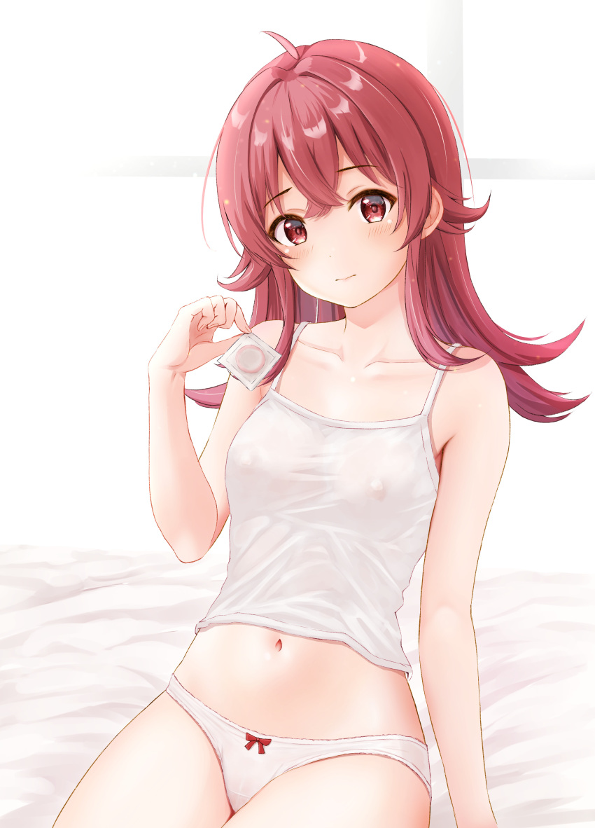 1girl absurdres bare_shoulders blush breasts ca_paria camisole closed_mouth collarbone commentary_request condom condom_wrapper covered_nipples crossed_bangs hair_between_eyes highres holding holding_condom idolmaster idolmaster_shiny_colors komiya_kaho looking_at_viewer medium_breasts medium_hair navel on_bed panties red_eyes red_hair sitting solo underwear white_camisole white_panties