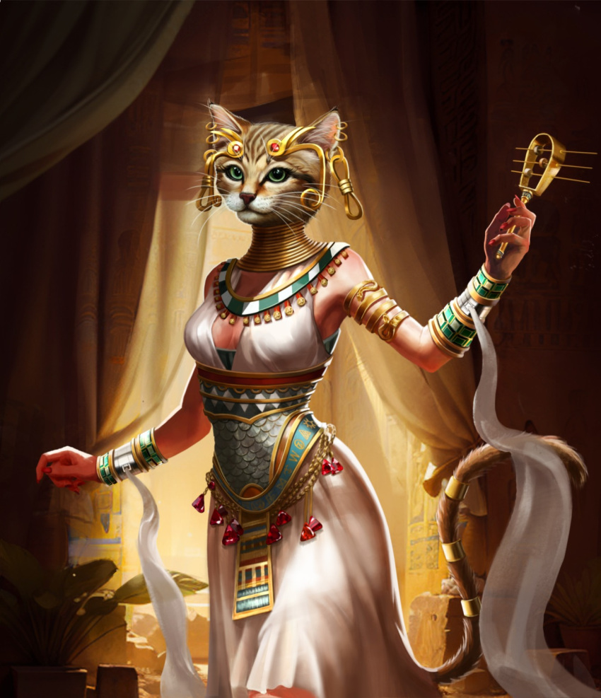 accessory age_of_mythology anthro bast breasts clothing collar_ring deity ear_piercing egyptian_clothing egyptian_mythology felid feline felis female furgonomics hi_res humanoid jewelry mammal middle_eastern_mythology mythology piercing ring sand_cat solo tail tail_accessory tail_jewelry tail_ring unknown_artist whiskers