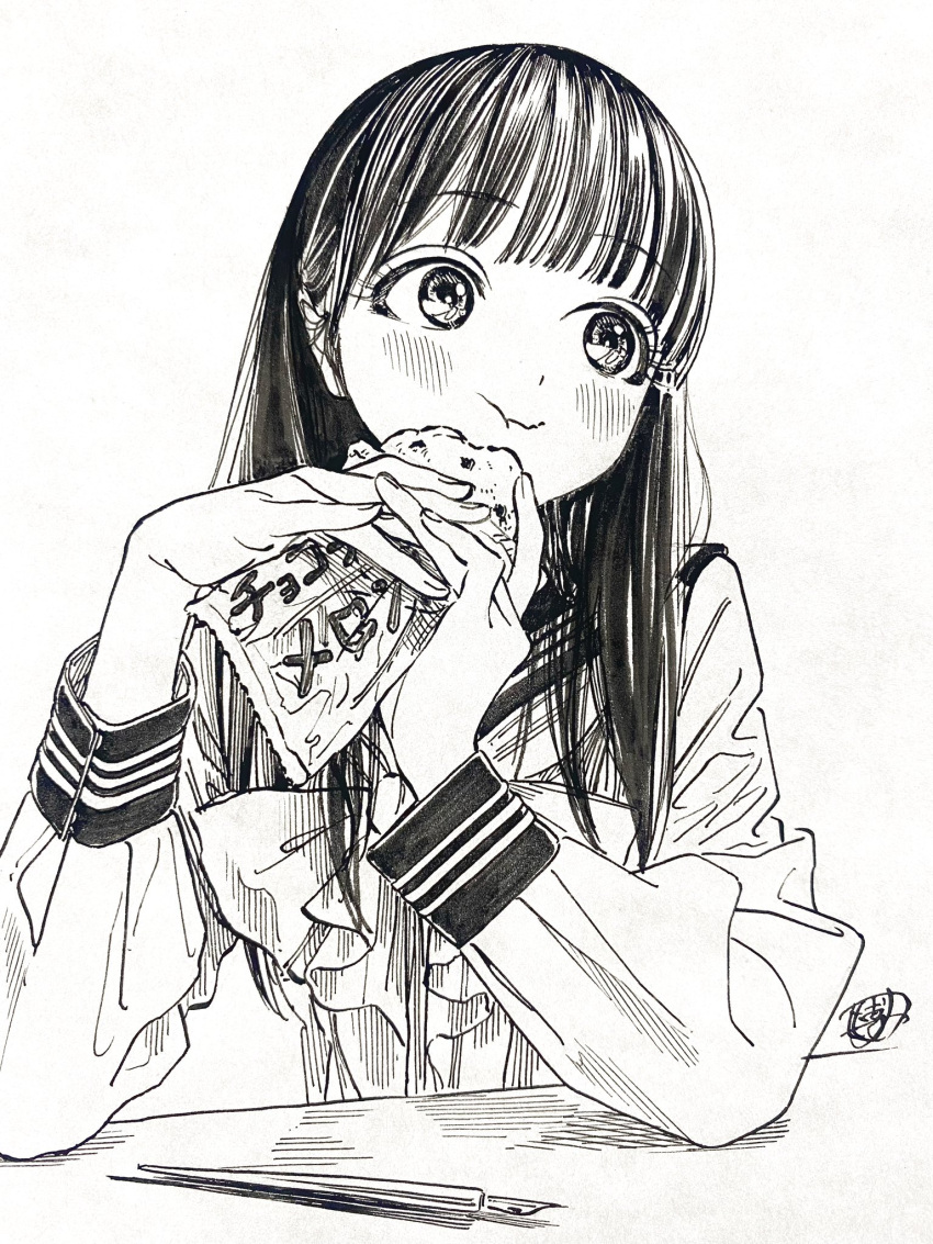 1girl akebi-chan_no_serafuku akebi_komichi bow bowtie closed_mouth commentary_request eating greyscale highres hiro_(dismaless) long_hair long_sleeves monochrome nib_pen_(object) pen sailor_collar school_uniform serafuku shirt solo upper_body