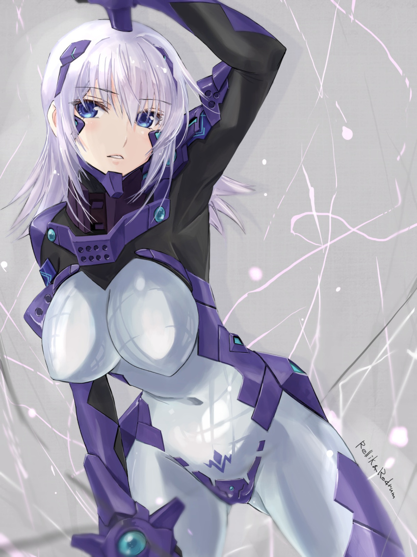 1girl blue_bodysuit bodysuit breasts cryska_barchenowa fortified_suit highres impossible_bodysuit impossible_clothes jun_(rellik_&amp;_redrum) large_breasts long_hair looking_at_viewer muv-luv muv-luv_alternative muv-luv_total_eclipse pilot_suit skin_tight solo tactical_surface_fighter