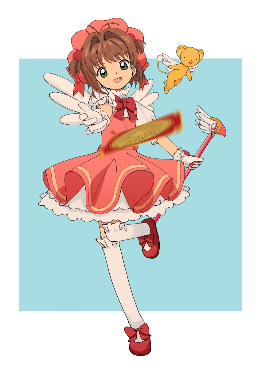 1girl absurdres brown_hair cardcaptor_sakura clow_card dress full_body fuuin_no_tsue gloves green_eyes highres holding holding_wand kero_(cardcaptor_sakura) kinomoto_sakura looking_at_viewer magical_girl open_mouth pink_dress pink_hat ri-el short_hair smile solo standing standing_on_one_leg thighhighs wand white_gloves white_thighhighs wings