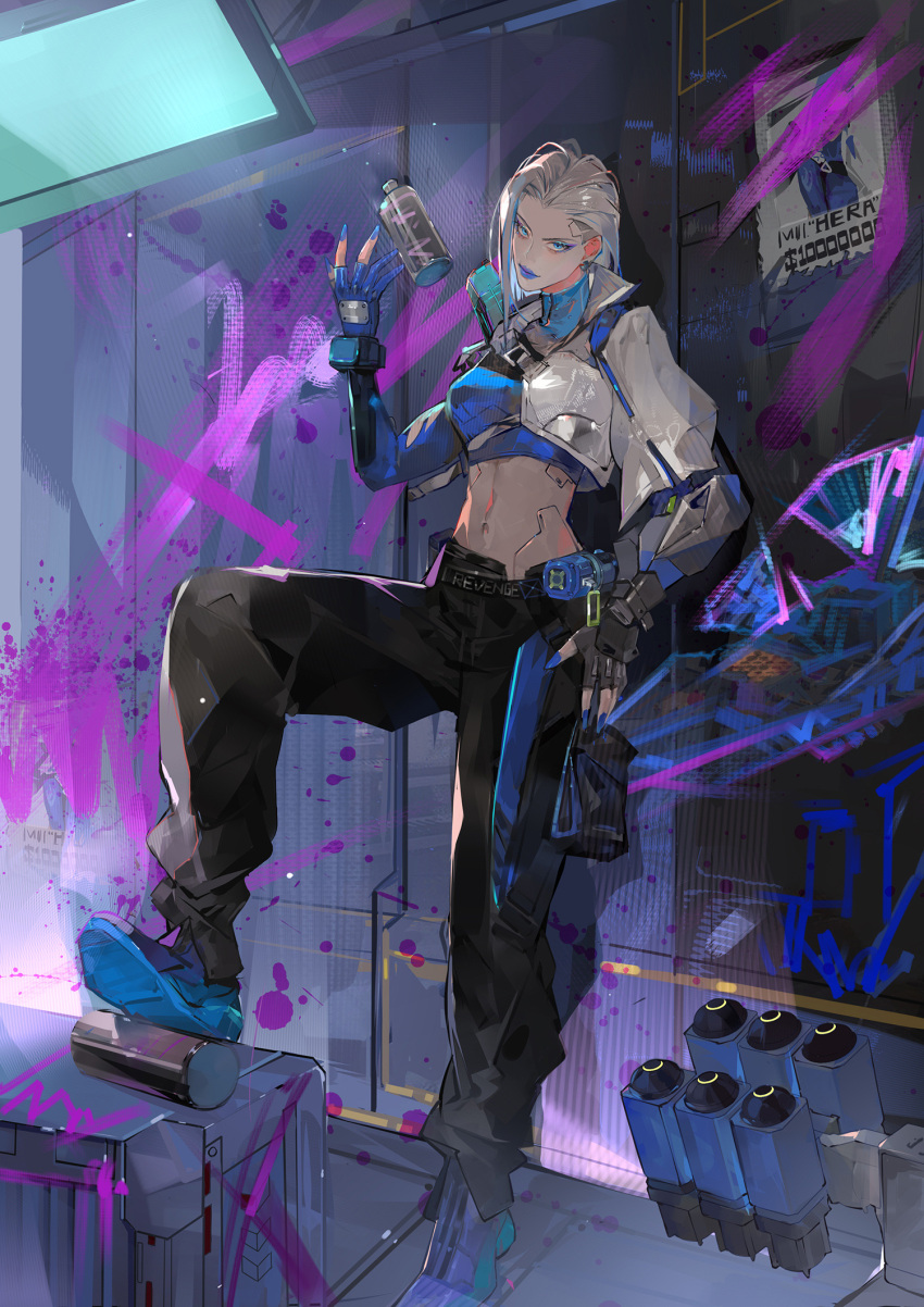 1girl asymmetrical_gloves black_gloves black_pants blue_footwear blue_gloves blue_jacket breasts cropped_jacket earrings gloves head_tilt hela_(high_energy_heroes) high_energy_heroes highres jacket jewelry looking_at_viewer medium_breasts midriff mismatched_gloves navel pants partially_fingerless_gloves shoes smile smoke_grenade sneakers solo tang_qi_zang throwing undercut wanted white_jacket