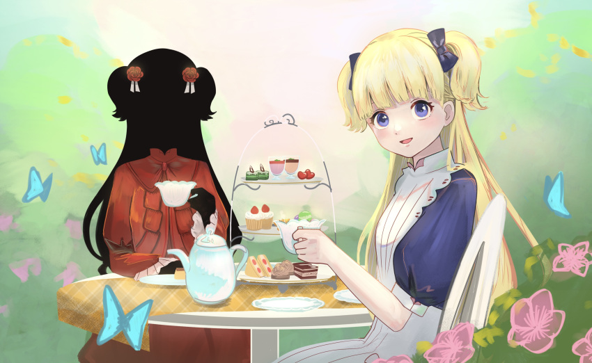 2girls apron black_bow blonde_hair blue_butterfly blue_eyes blue_shirt bow bug butterfly cake cake_slice cup cupcake dot_nose dress emilico_(shadows_house) eyelashes faceless faceless_female flower food hair_bow highres holding holding_cup kate_(shadows_house) long_hair looking_at_viewer multiple_girls open_mouth pink_flower plate ranico red_dress red_flower red_rose rose shadows_house shirt teacup teapot white_apron