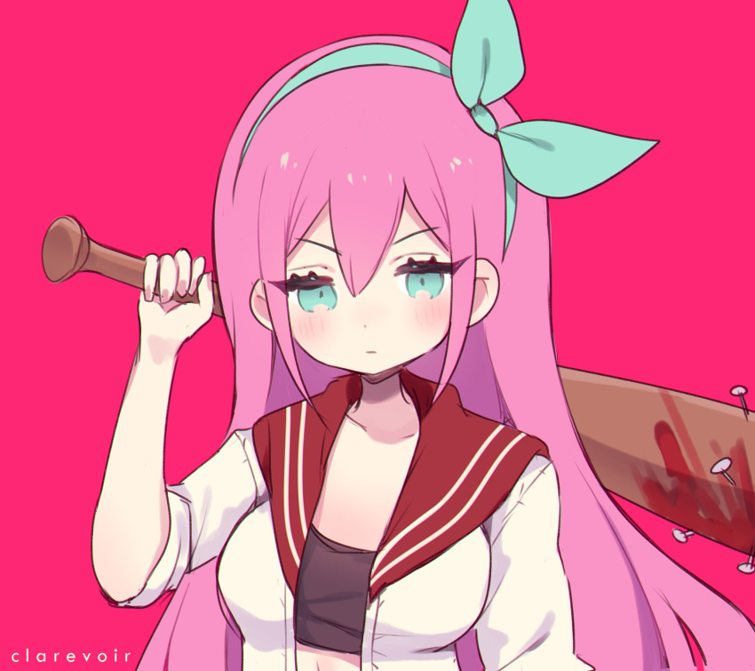 1girl aliceyawnin artist_name aubrey_(faraway)_(omori) aubrey_(omori) baseball_bat blood blood_on_weapon blush bow closed_mouth dot_nose green_bow green_eyes green_hairband hair_between_eyes hair_bow hairband hand_up highres holding holding_baseball_bat jacket long_hair looking_at_viewer nail nail_bat omori pink_hair red_background sidelocks simple_background solo upper_body v-shaped_eyebrows very_long_hair weapon white_jacket