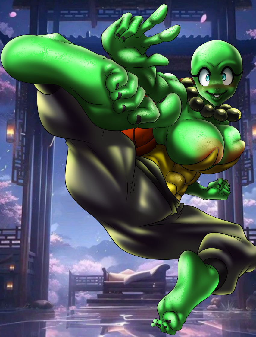 absurd_res anthro barefoot big_breasts breasts curling_toes feet female flying_kick foot_focus foxyart gem gesture hand_gesture hi_res jewelry kick martial_artist martial_arts midair monaka_(doctor_glitch) muscular muscular_female necklace pearl_(gem) pearl_necklace reptile scalie smile soles solo toes turtle v_sign