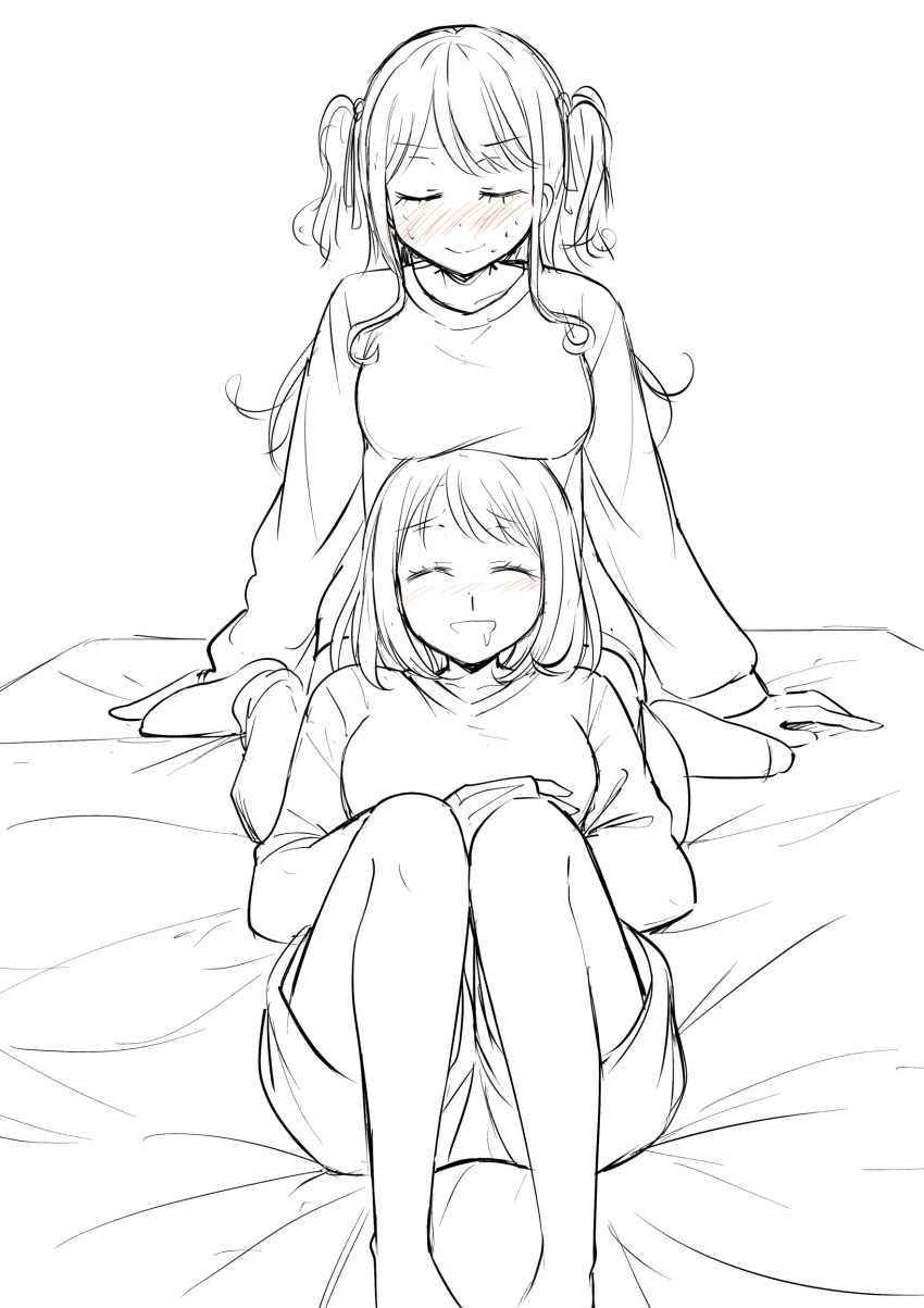 2girls absurdres arm_support bare_legs betock blood blush breasts closed_eyes commentary_request drooling greyscale highres lap_pillow large_breasts long_hair long_sleeves lying medium_hair monochrome multiple_girls nervous_sweating nosebleed on_back on_bed open_mouth original saliva shirt short_sleeves spot_color sweat two_side_up yuri